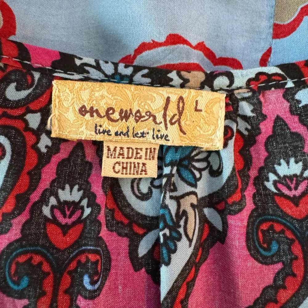 One World Blue & Pink Babydoll, Embroidered chest Top, Loose Boho Chic- size L - Picture 10 of 14